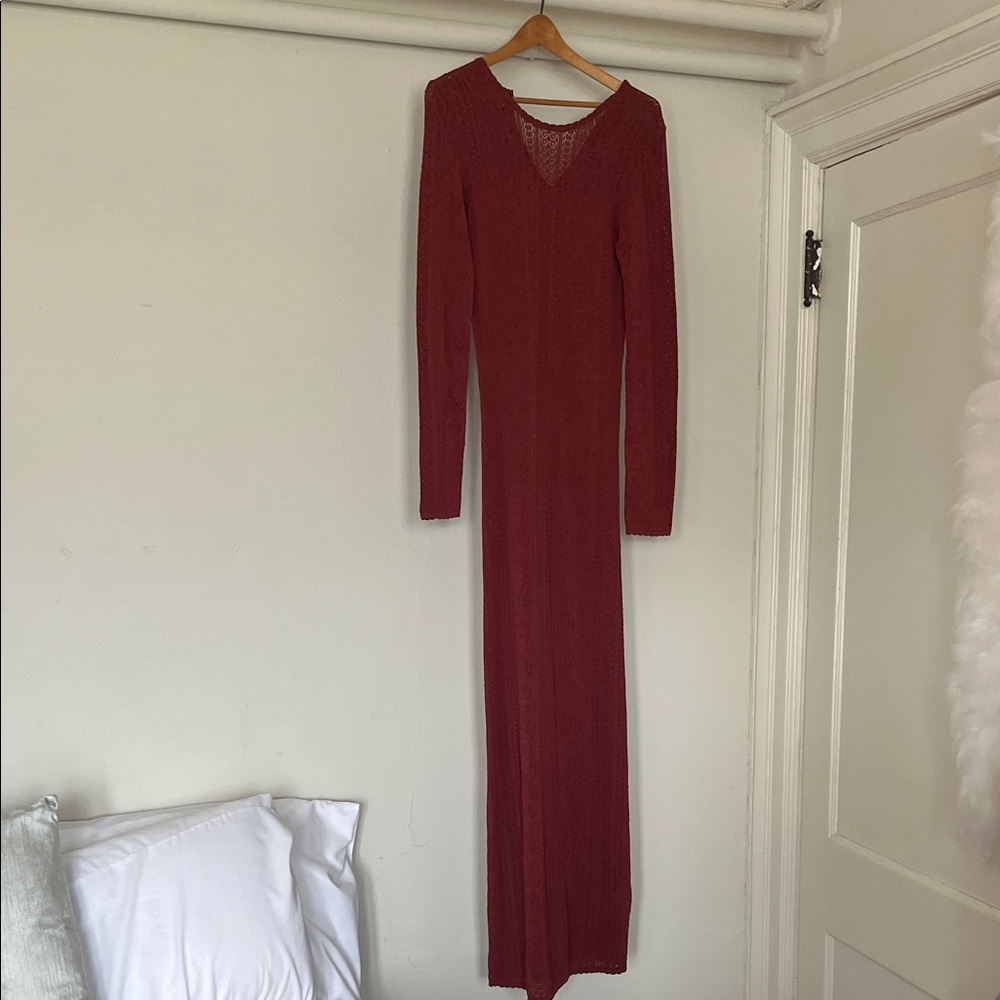 Torn by Ronny Kobo Deep Red Long Sleeve Knit Maxi Dress